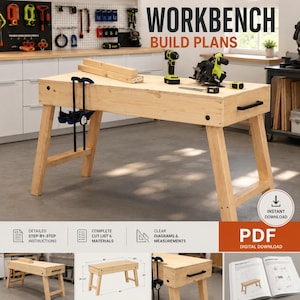 May include: A wooden workbench with the text "WORKBENCH BUILD PLANS" is displayed. The workbench has a light wood finish, black handles, and a lower shelf. Tools like a drill and saw are on the workbench. The image also includes icons for detailed instructions, cut lists, and measurements.