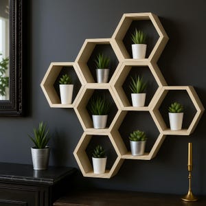 May include: A set of hexagonal wooden shelves in a honeycomb pattern, mounted on a dark grey wall. Each shelf is filled with a small potted succulent plant.