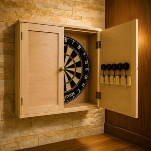 Può includere: Un mobile per freccette in legno chiaro, con una porta aperta che rivela un bersaglio per freccette e freccette. Il bersaglio per freccette è nero, rosso e verde. Il mobile è montato su un muro strutturato. La porta aperta ha un supporto per cinque freccette.