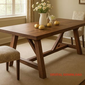 Puede incluir: Una mesa de comedor rectangular de madera marrón oscuro con base de caballete. La mesa tiene una superficie lisa y está adornada con una jarra blanca con flores y pequeñas calabazas. Sillas y un banco rodean la mesa.