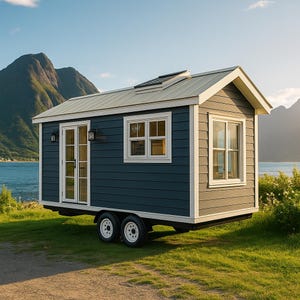 Puede incluir: Una pequeña casa móvil, pintada en azul y gris, está estacionada sobre hierba. Cuenta con un techo de metal, ventanas con marcos blancos y puertas dobles. En el fondo se ven montañas y una masa de agua.
