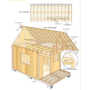 May include: An illustrated diagram of a small wooden house under construction, with detailed views of the roofing, front gable, and rafter details. The diagram includes measurements in inches and labels for various structural components.