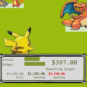 Puede incluir: Un personaje amarillo de Pikachu de la serie de videojuegos Pokémon se muestra sobre un fondo verde. Un rastreador de presupuesto muestra que el presupuesto real es de $2.495,00, se han gastado $1.103,00 y quedan $3.598,00. El presupuesto restante es de $397,00.