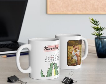 Customizable mug for anniversary and gift for couples, with date, month, year and customizable photo, a gift they will surely love