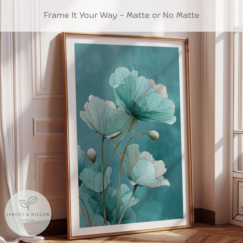 A teal botanical digital art print featuring delicate line-drawn flowers with soft, textured petals set against a smooth teal background. The artwork is displayed in a gold frame on a white paneled wall, creating a modern, elegant, nature-inspired aesthetic. Perfect for living room, bedroom, or entryway decor. Digital download floral wall art with soft teal tones and minimalistic botanical style.