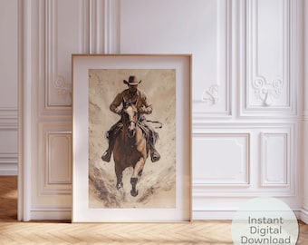 Cowboy Riding Horse Art Print: Modern Western Ranch Decor (Digital Download)