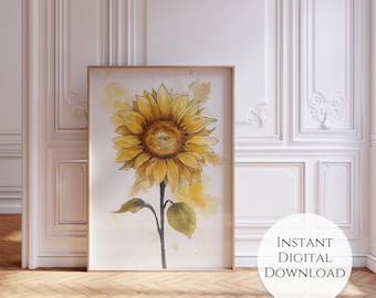 Sunflower Watercolor Wall Art: Boho Farmhouse Decor (Digital Download)