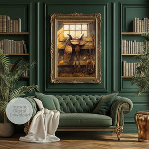 Vintage Western Saddle Oil Painting: Rustic Equestrian Barn Art (Digital Download