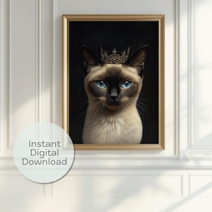 Siamese Cat Portrait Wearing a Crown Photorealistic Digital Art Print – Moody Royal Feline Wall Decor Funny Wall Art Dark Academia HD