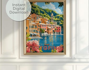Stampa artistica di Portofino, Italia: decorazione per la casa in stile rivierasco (download digitale)
