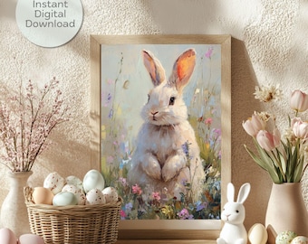 Bunny Wildflower Oil Painting Art Print: Easter Nursery Decor (Digital Download)