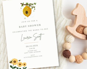 May include: A baby shower invitation with a beehive and bees illustration. The invitation reads "Join us for a baby shower celebrating the mama-to-bee Lauren Scott 08.23.2025 2:00 PM 123 Baby Way Happy Town, Anywhere RSVP Auntie@myemail.com"