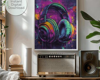 May include: A digital art print of a pair of headphones with a colorful graffiti design on a brick wall background.