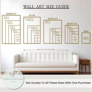 May include: Wall art size guide with dimensions in inches and centimeters. Includes ratios 2:3, 4:5, 3:4, and 11x14, with sizes like 24x36 in (61x91 cm) and 16x20 in (41x51 cm). A white sofa is below the guide. Text: Get Access To All These Sizes With One Purchase.
