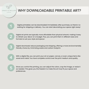 May include: A digital art print advertisement with the text "WHY DOWNLOADABLE PRINTABLE ART?" and numbered points explaining the benefits of digital art prints, including immediate download and environmental friendliness.