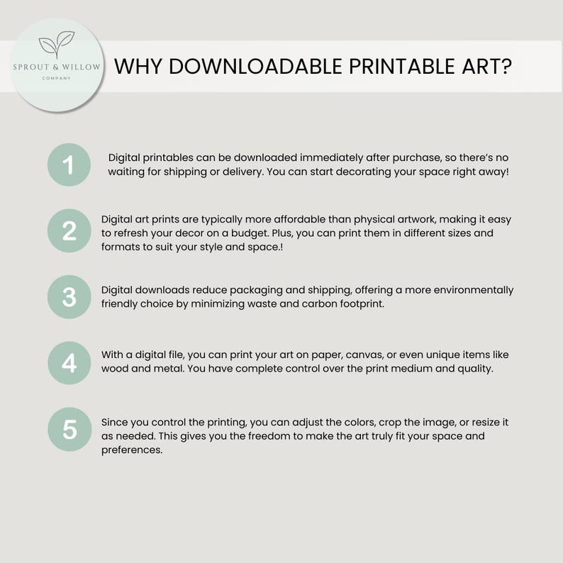 May include: A digital art print advertisement with the text "WHY DOWNLOADABLE PRINTABLE ART?" and numbered points explaining the benefits of digital art prints, including immediate download and environmental friendliness.