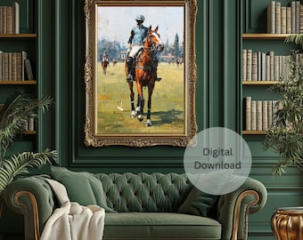 Impresión de pintura de partido de polo vintage, arte mural ecuestre, obra de arte clásica de jinete de polo