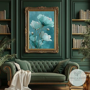 A teal botanical digital art print featuring delicate line-drawn flowers with soft, textured petals set against a smooth teal background. The artwork is displayed in a gold frame on a white paneled wall, creating a modern, elegant, nature-inspired aesthetic. Perfect for living room, bedroom, or entryway decor. Digital download floral wall art with soft teal tones and minimalistic botanical style.