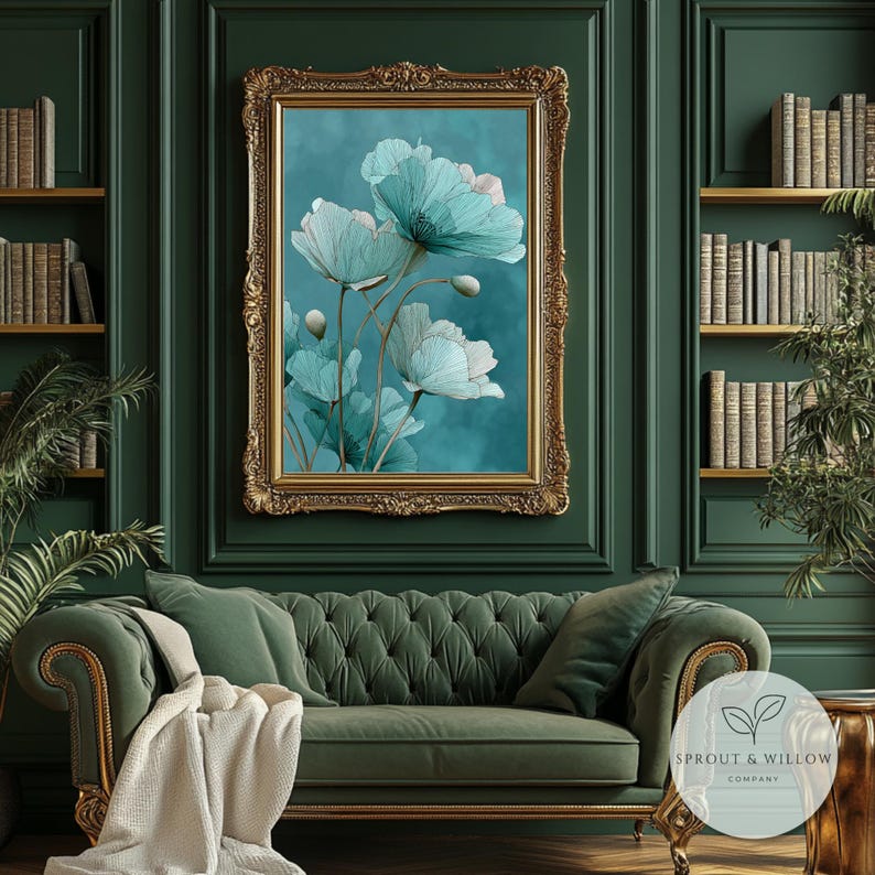 A teal botanical digital art print featuring delicate line-drawn flowers with soft, textured petals set against a smooth teal background. The artwork is displayed in a gold frame on a white paneled wall, creating a modern, elegant, nature-inspired aesthetic. Perfect for living room, bedroom, or entryway decor. Digital download floral wall art with soft teal tones and minimalistic botanical style.