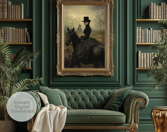 Victorian Horsewoman Art Print: Dark Academia Oil Painting (Digital Download)