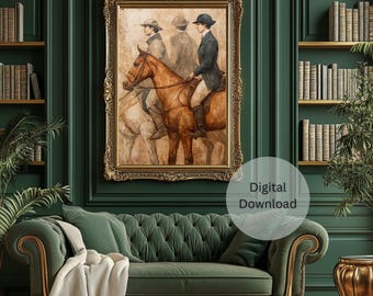 Cuadro antiguo de jinetes de polo a caballo (descarga digital) – Obra de arte ecuestre del Viejo Mundo