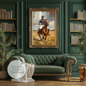 Jeździec polo, wydruk artystyczny: Dark Academia Horseback Painting (pobranie cyfrowe)