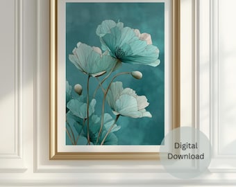 Transformative Teal Botanical Wall Art Print Minimalist Nature Decor,Digital Download Artwork