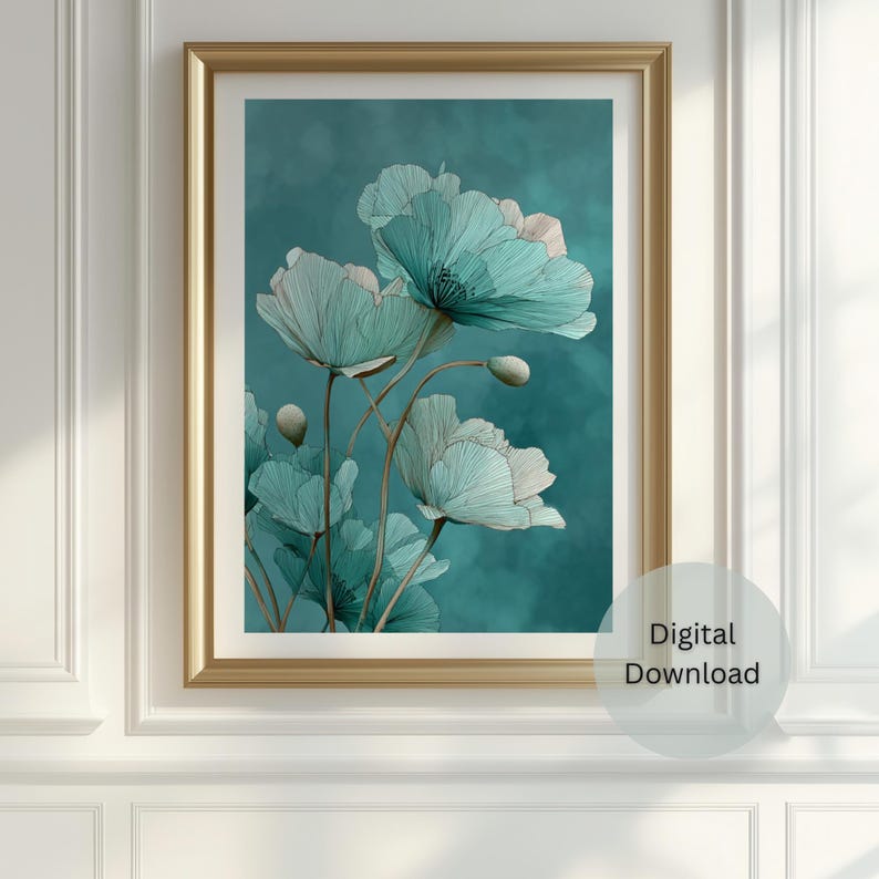 May include: A framed art print featuring watercolor-style teal flowers with delicate line details against a teal background. The artwork is in a gold frame and includes the text "Digital Download".