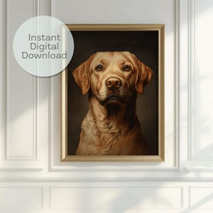 Puede incluir: Una pintura de un perro golden retriever con un fondo marrón oscuro. El perro está mirando directamente al espectador con una expresión seria.