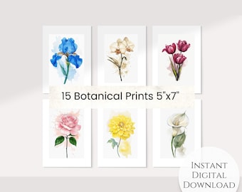 Floral Wall Art Prints: Watercolor Botanical Set (5x7 Digital Download)