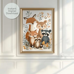 Woodland Animal Nursery Print Fox Raccoon & Bear Art Digital Download Baby Room Decor Baby Shower Decor 5 Aspect Ratios Frame it Your Way