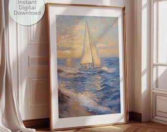 Sailboat Sunset Impressionist Painting: Coastal Beach House Art (Digital Download)