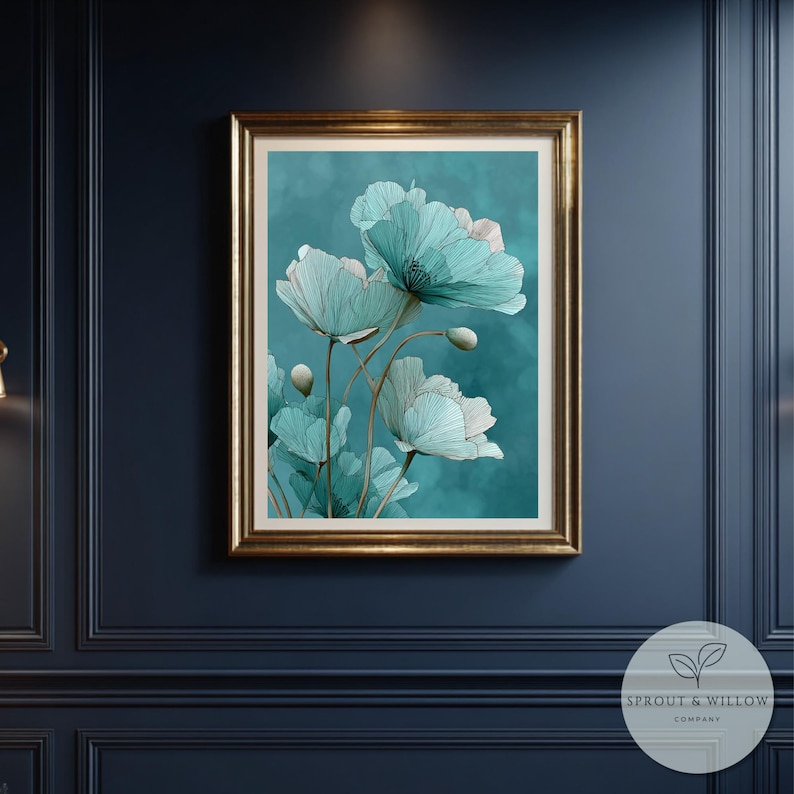 A teal botanical digital art print featuring delicate line-drawn flowers with soft, textured petals set against a smooth teal background. The artwork is displayed in a gold frame on a white paneled wall, creating a modern, elegant, nature-inspired aesthetic. Perfect for living room, bedroom, or entryway decor. Digital download floral wall art with soft teal tones and minimalistic botanical style.