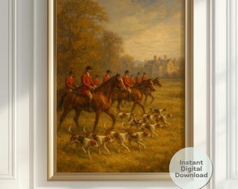 Lámina artística vintage de caza del zorro inglesa – Impresión al óleo ecuestre (Descarga digital)
