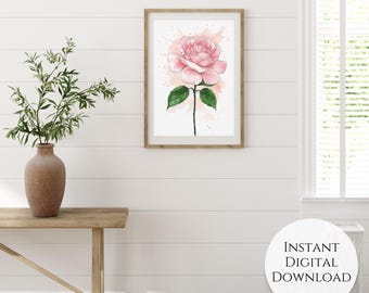 Pink Tea Rose Watercolor Art: Feminine Floral Print (Digital Download)