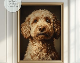 May include: A portrait of a golden brown dog with curly fur. The dog is looking directly at the viewer with a serious expression. The background is a dark brown.