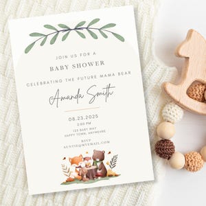 Woodland Animal Baby Shower Invitation | Gender Neutral | Editable Template | Instant Download | Printable Invite | Fox Bear Owl and Bunny