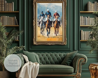 Lámina ecuestre de jugadores de polo, pintura impresionista de caballos (descarga digital)