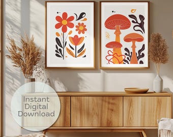 Mid Century Modern Floral Mushroom Print Set: Retro Earth Tones (Digital Download)