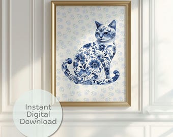 Lámina artística de gato chinoiserie: Diseño floral azul y blanco (descarga digital)