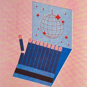 Disco Matches Risograph Illustration Print, 8x10, Matchbook Riso Wall Art for Home Decor