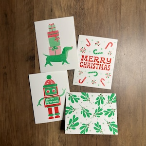 Set de cartes de voeux Risograph pour les fêtes, houx, chien, robot, bonbon joyeux Noël