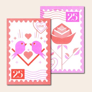 Cartes postales avec risographie 4 x 6 inspirées des timbres – Oiseaux d'amour et rose