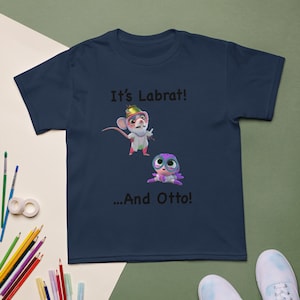 May include: A navy blue t-shirt with the text "It's Labrat! ...And Otto!" and cartoon images of a mouse and a superhero.