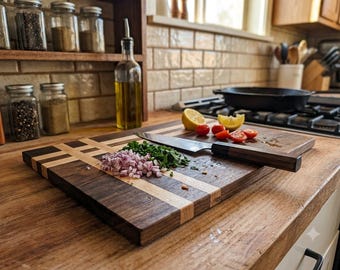 Handmade Walnut and Maple Cutting Board, 19x12 Modern Wood Chopping Board, Plaid Inlay Serving Tray, Artisan Charcuterie Block, Chef Gift