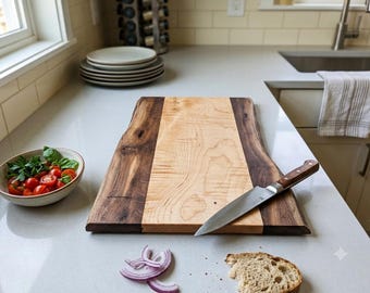 Handmade Curly Maple and Walnut Live Edge Cutting Board, 21-inch Rustic Charcuterie Board, Unique Wooden Serving Platter, Bridal Shower Gift