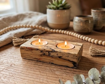Spalted Maple Tea Light Candle Holder, One of a Kind Wooden Votive Holder, Live Edge Artisan Home Decor, Small Wooden Candle Block