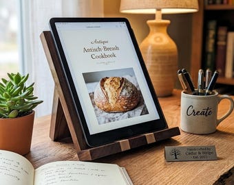 Handmade Walnut, Maple and Purpleheart Book Stand | Wooden iPad Tablet Holder for Kitchen Counter | Premium Cookbook Stand, Office Desk Disp