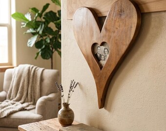 Handmade Cherry Wood Heart Picture Frame | Rustic Floating Wall Art | Unique Handcrafted Valentine's or Anniversary Gift | 15" x 11"