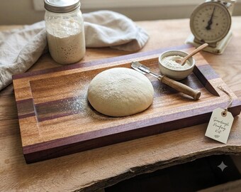 Handcrafted Wooden Dough Bowl | African Mahogany, Purpleheart & Walnut | 23.5” Large Long Wooden Trencher, Modern Bread Proofing Serving Tra